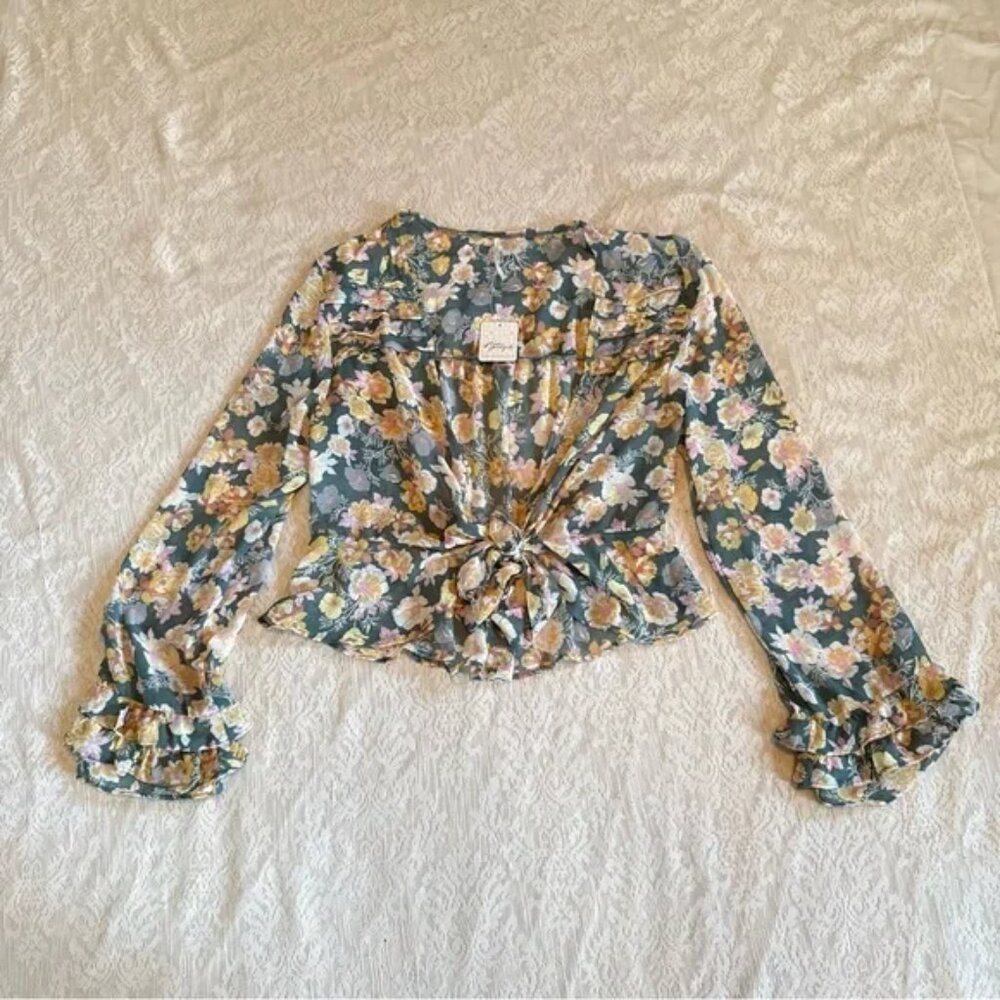 Free People Y2K Maybel blouse floral sheer tie front bell sleeve small